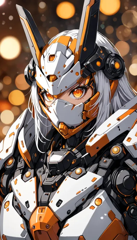 1girl, mecha suit, samurai face mask, menpo, upper body, underboob, portrait, white orange armor, long silver shimmering hair, 8K, RAW, best quality, masterpiece, ultra high res, colorful, (medium wide shot), (dynamic perspective), sharp focus , (depth of ...