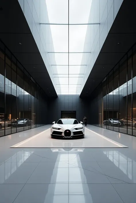 Black white building Glass Bugatti showroom without car 