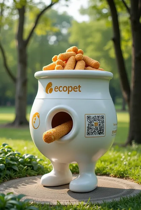 Generate a pot with a hole in the front closed for croquettes to come out, with the EcoPet logo and a QR ,  In a park  