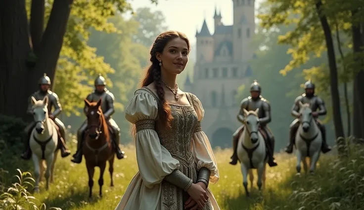 (photorealism:1.2), A woman in the Middle Ages,  in the woods, hay castillos al fondo, She is wearing a dress, In the background, just 3 meters away, there are several white knights on horseback