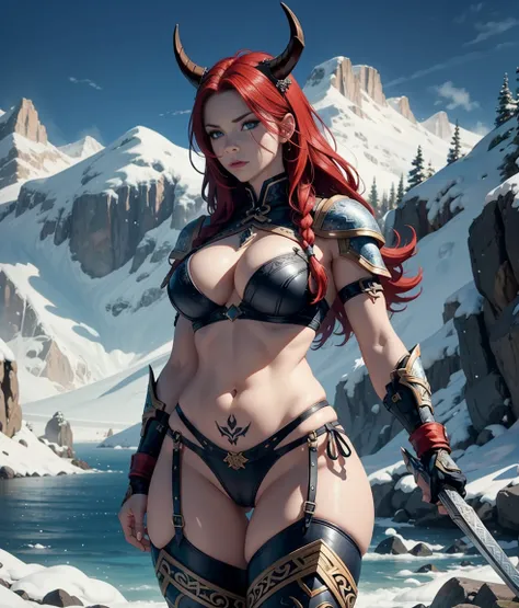  ONLY ONE Hyper-realistic sexy woman HOLDING A VIKING AXE, ALONE WOMAN super detailed , ( Perfect Flat Belly), ( color image), Create a 4K resolution , Ultra-realistic,  charm and extremely detailed artwork featuring a seductive Viking warrior with a seduc...