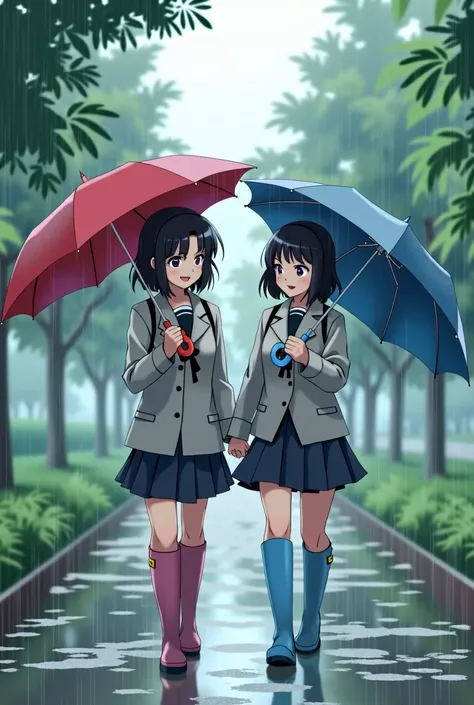 An Japanese woman with black short hair. Wearing pink long rain boots, gray school uniform is walking in a park on heavily rainy day. An Japanese woman wearing light blue long rain boots, gray school uniform is walking next to her. They have umbrella. They...