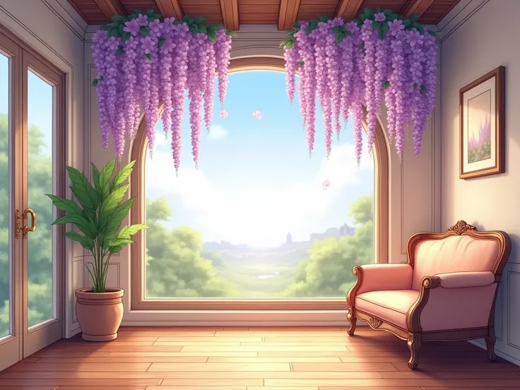 Anime style drawing，The interior of the European-style building ，A European-style wooden sofa ，There is an oversized floor-to-ceiling window in the back ，The sun is shining in ， can see the scenery outside the window ， sofa and ceiling with a few irregular...