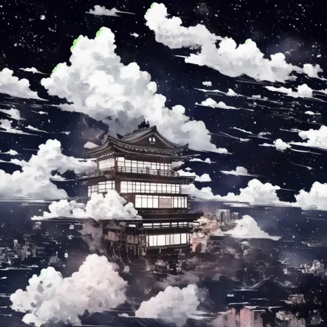 a japanese house floating above a futuristic city