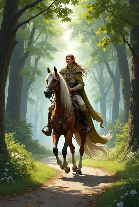 Realistic drawing of an elf man on horseback riding along a forest road on a bright day