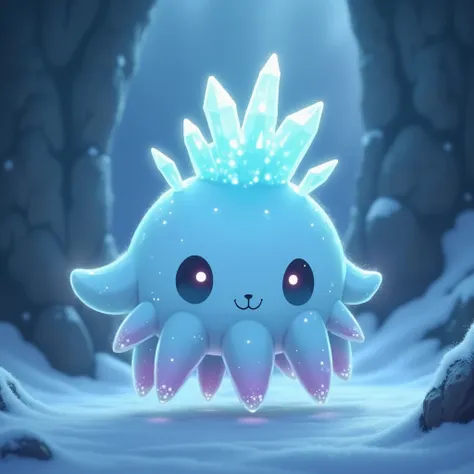 A small, adorable Pokémon with a semi-transparent, pale icy-blue body. Its shape resembles a floating crystal bud with gentle, rounded features. It has a crown of small, pointed ice crystals on top, each faintly glowing, and short, tentacle-like tendrils e...