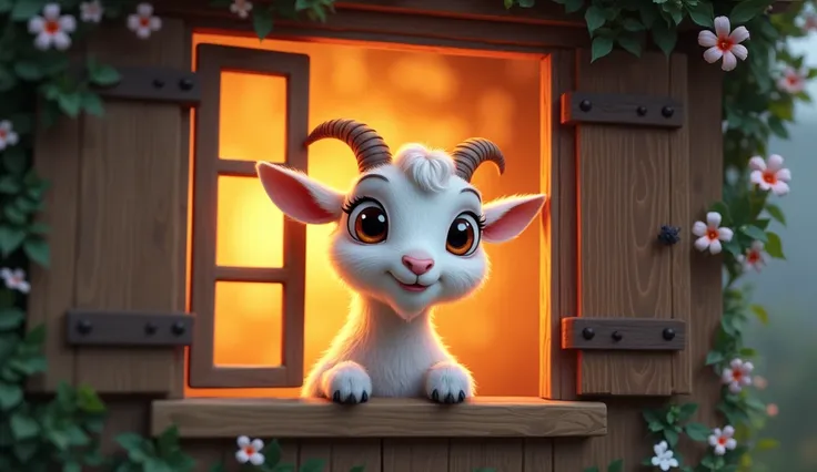 A cartoon little goat peeked through the window from inside a  beautiful cozy cottage (evening time)