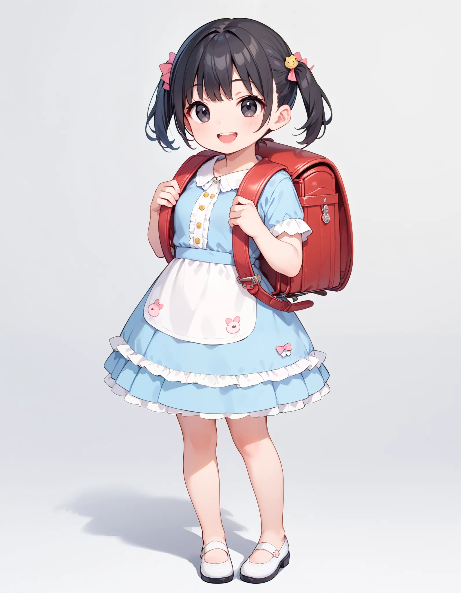 ((cute dress)) (sparkling dress) (chibi), (black hair) (black eyes) (white skin) happy and confident expression. full body,  sho...