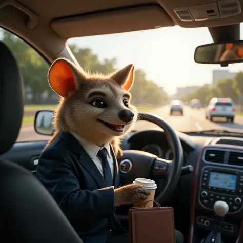 Create an ultra-realistic image titled img_0035.heic featuring a quokka driving a car on its way to work. The quokka is sitting in the drivers seat, its tiny paws on the steering wheel, wearing a business suit complete with a tie. The scene captures the ea...