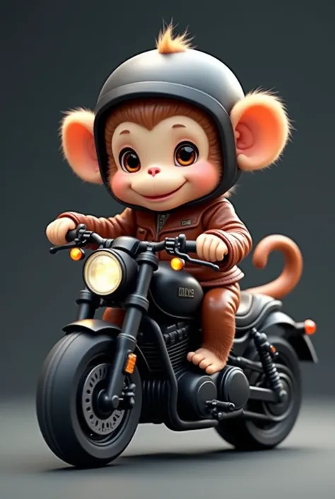 Kawaii style little monkey on a black motorcycle 
