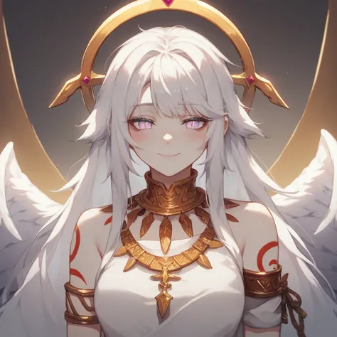 1girl, Looking at veiwer, Solo, Absurdly Long Hair,  Lavender Eyes, Gold Pupils, Slit Pupils, Pale Skin, Golden Veins, Smile, Blush, Tired Eyes, Angel Wings, Sigil On Skin, Tribal Tattoos, White Robes, Gold tunic,  Fluffy White Hair, Mullet, Bangs, Angel W...