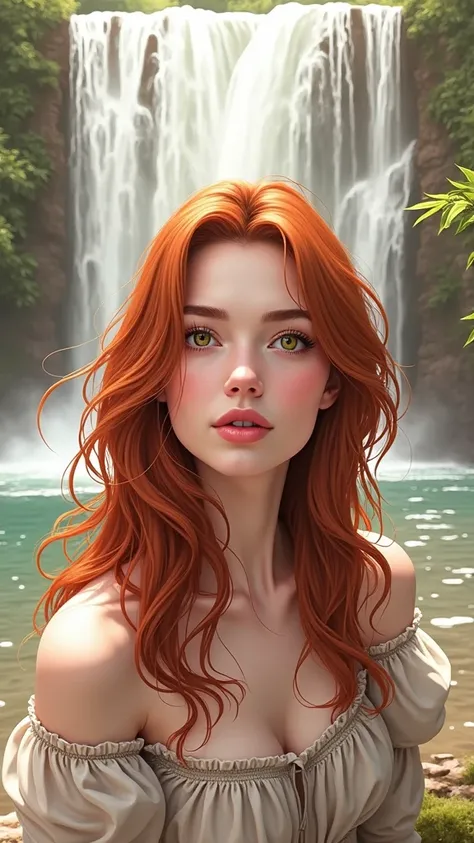 	une femme Cheveux : Roux clair (light red) avec des nuances cuivrées subtiles et naturelles Yeux : Vert kaki uniques, avec une teinte distincte Visage :
	•	Forme ovale.
	•	Mâchoire légèrement carrée.
	•	Lèvres fines.
	•	Peau lisse sans imperfections ou pi...