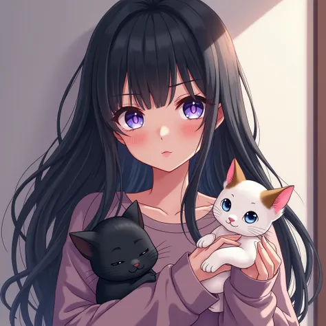 Create an image of an enchanting woman named "Peke," her name displayed in a striking, bold anime style. She has long, flowing black hair and violet eyes with bangs that fall gracefully between her blue-tinged eyes. Dressed in comfortable yet stylish cloth...