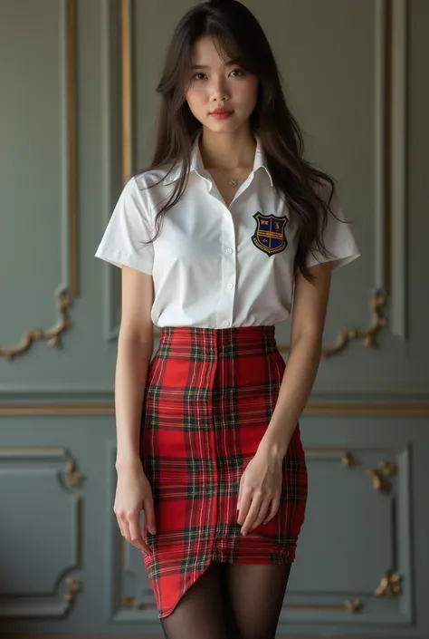 A beautiful young girl , short and realistic ,  with a voluptuous body wearing a short sleeve white shirt with an embroidered school shield on the left side,  a plaid pencil skirt , violet color and short ,  that reach the thighs ,  a long black tie ,  sat...