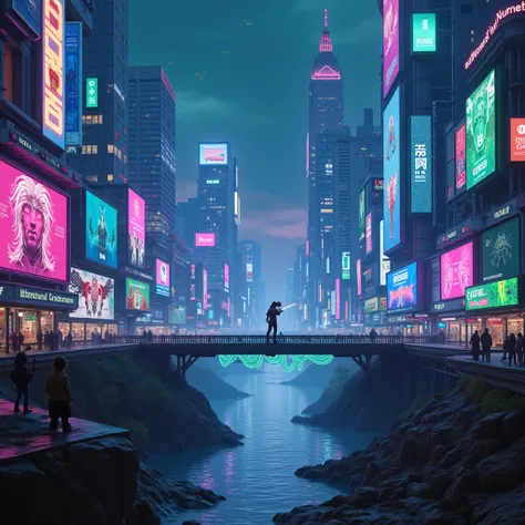 Create a cyberpunk-inspired scene that blends futuristic technology with ancient Norse mythology. The setting should feature neon-lit cityscapes with towering skyscrapers and holographic advertisements, reflecting the vibrant yet dystopian nature of cyberp...