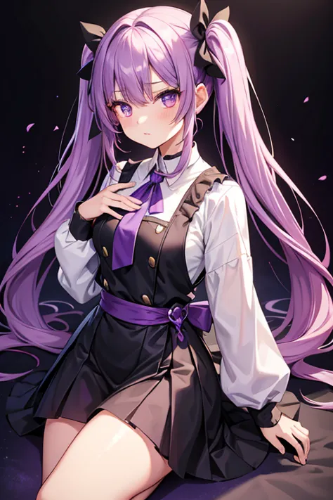 1 beautiful girl with pieces 　shows up to the waist　 long light purple hair　make your hair twin tails　purple eyes　 no emotion　黒い...