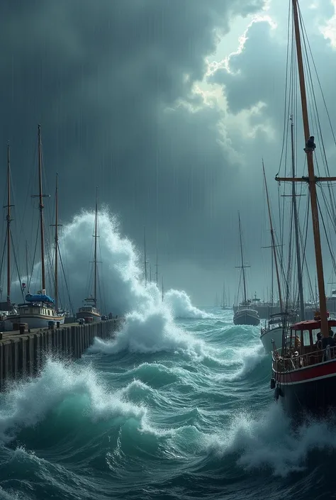 draw a realistic marina - storm. storm, rain, high waves 