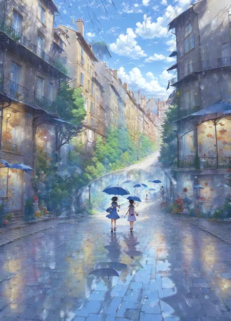 cuteイラスト: landscape,Rainy day street corner, landscape like in a picture book , Girl with cat,A girl is walking,(Girl with an umbrella),umbrella, anatomically accurate ,break, Creates an artistic backdrop ,Add a drop pattern to the background ,Streets are ...