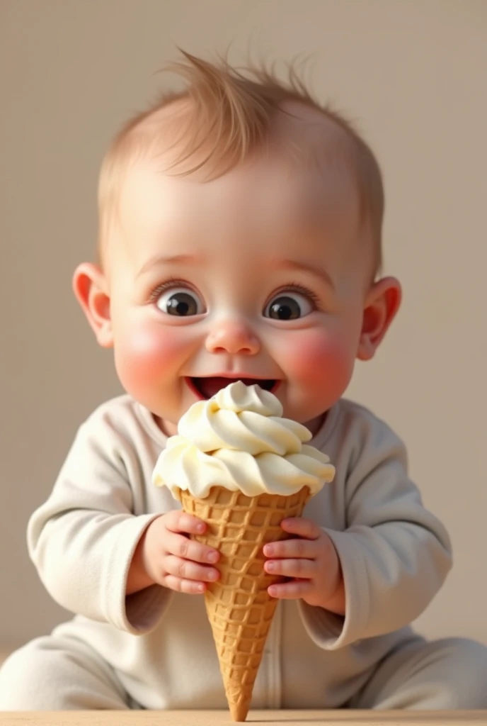 photo-realistic  baby holding an oversized ice cream cone, looking at it with big eyes, then taking a big "bite", showing pure joy with a big smile