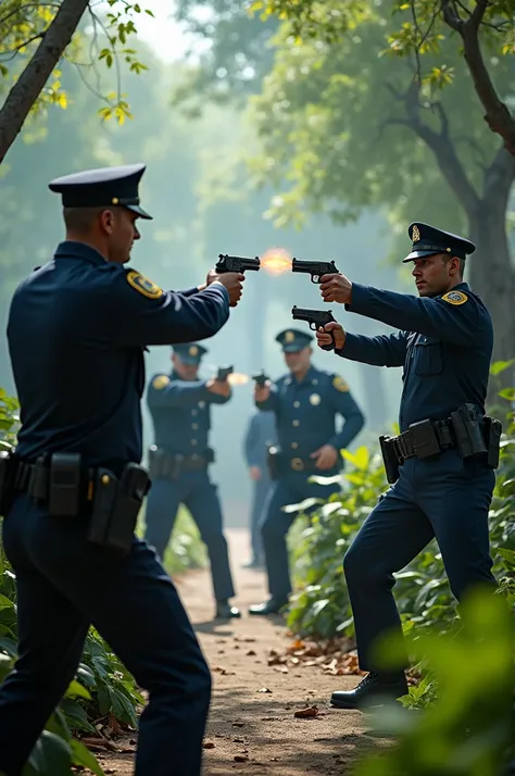 The police officers come in action mode with revolvers and fire in the garden ai image