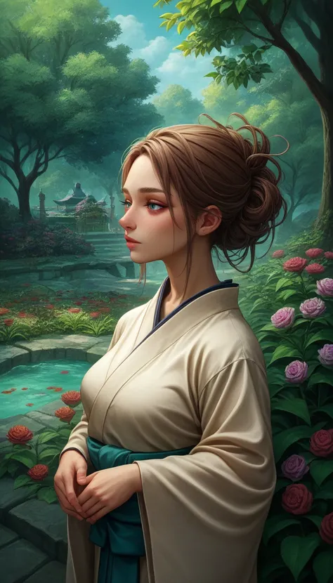 OBbllai, A captivating portrait of a woman, her face reflecting the serene beauty of a tranquil Japanese garden. She wears a kimono, flowing in the gentle breeze, its delicate colors and intricate patterns echoing the serenity of the garden. Her expression...