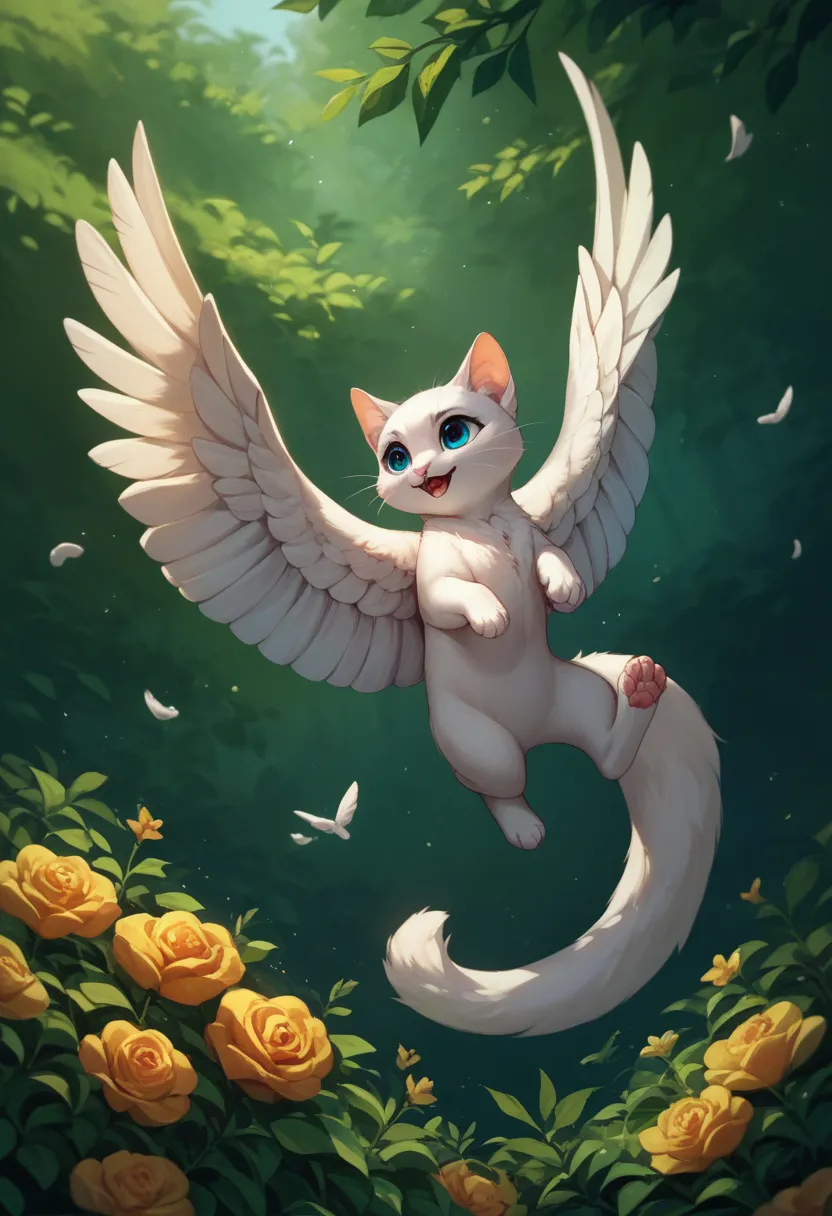 high quality、 best quality、the cutest white kitten in the world、((realistic:1.3))、 16 white wings on its back 、floating in the a...