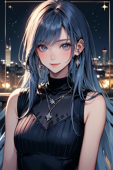 (  26-year-old mature woman  ), ((( Watch 1 female ,Alone))), (  Pale peach skin ), ( Blue blue sapphire hair ), ( long hair in the castle), ( Dull bangs  ), ( Navy blue eyes  ), A fitted A striped mini sleeveless dress, (  Starry sky  ), ( A quiet park on...