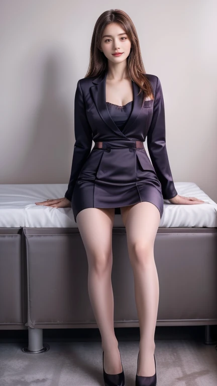 ((( Supreme Masterpiece)))，((( 8K quality)))，Waist-length hair，( brown hair)， very beautiful women ， Japanese，40 years old，((( business suit:1.5), (Shiny business suit, Shiny suit set,  business jacket for bedroom, Tight business skirt,  miniskirt that sna...