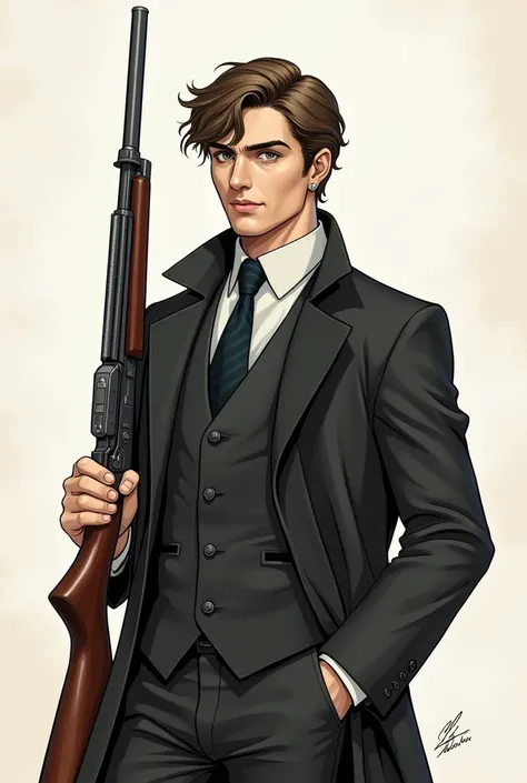 Hes somewhat forgettable, hes 6 feet
tall, not really thin but not muscular, he has wavy brown hair and grey eyes oh could he he be holding the bayonet out to the side to get
some movement in the coats he would be wearing a suit and and an overcoat. well f...