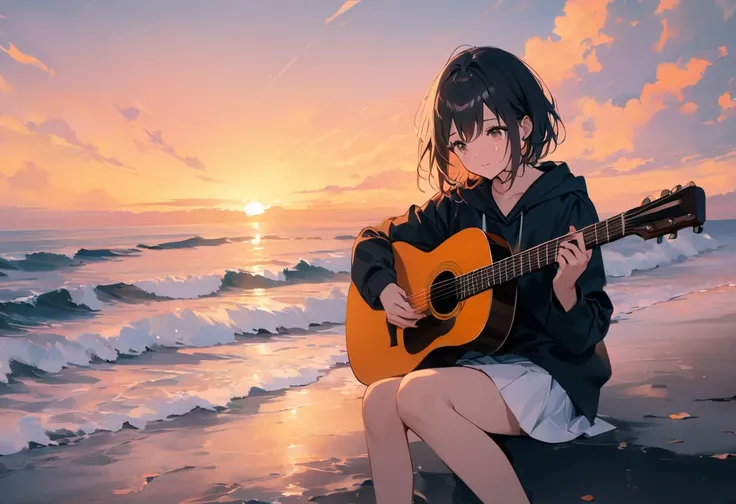 Anime、((  Surprisingly Absurd  )),(masterpiece:1.2),超  Hi-Res,    attention to detail  , High image quality,   Hi-Res, 最High image quality, 4K, 8k、 woman playing guitar、 acoustic guitar 、  woman sitting alone 、On the beach, Wave on legs 、 is crying、sunset、...