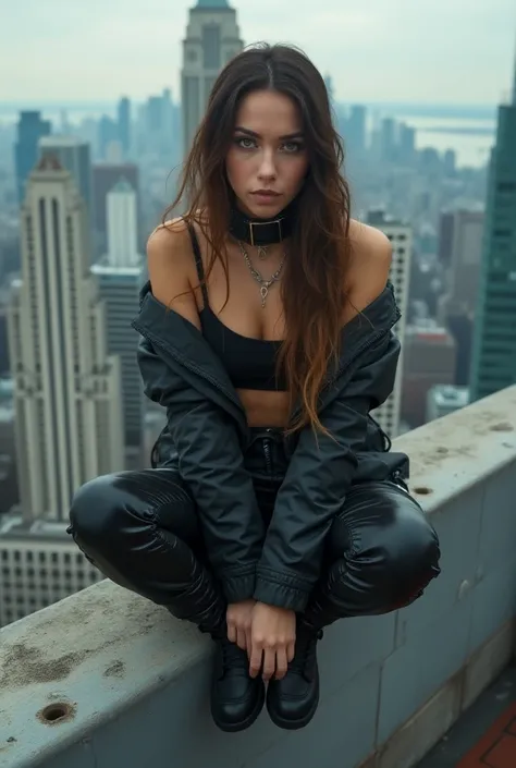 drone view,  A beautiful woman,  wearing Cyberpunk Streetwear , high-tech, Intricate Details,  he sits on the rooftop side of a skyscraper with his feet dangling freely down, rooftop environment behind her, fisheye effect 