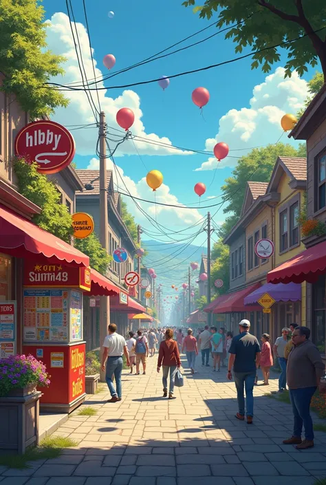 "A busy crossroads in a small town, where one side has a bright and cheerful atmosphere: a colorful lottery stand with people smiling and celebrating wins, balloons floating in the air, and a feeling of abundance. On the other side, the mood is darker: a s...