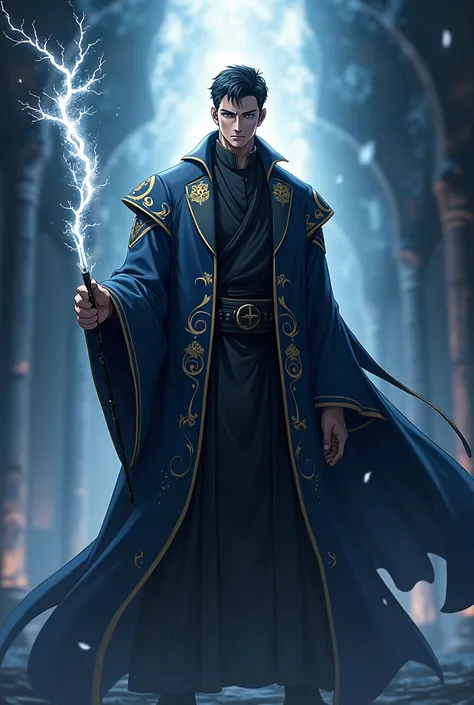  Serious and very strong and powerful anime character, imposing, wizard&#39;s clothes, Use a wand,  short hair