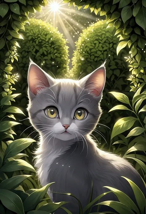 Suddenly, from behind the bushes, a small gray cat with round, sparkling eyes appeared.