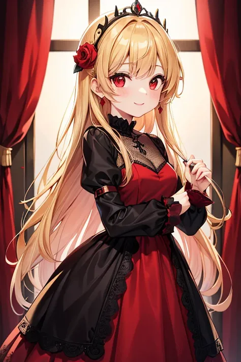  1 beautiful girl with pieces 　Shows up to the waist　 short stature 　Baby Face　 long golden hair　 princess cut　Red eyes　Bright smile　Black and red dress　Black lace　Red Rose