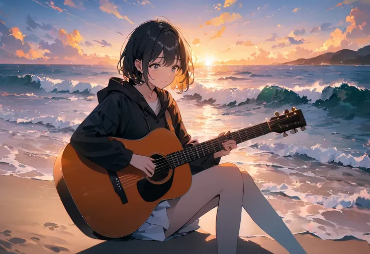 Anime、((  Surprisingly Absurd  )),(masterpiece:1.2),超  Hi-Res,    attention to detail  , High image quality,   Hi-Res, 最High image quality, 4K, 8k、 woman playing guitar、 acoustic guitar 、  woman sitting alone 、On the beach, Wave on legs 、 is crying、Big tea...