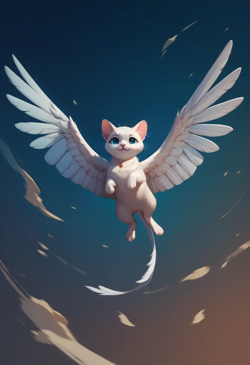 high quality、 best quality、the cutest white kitten in the world、((realistic:1.3))、 16 white wings on its back 、floating in the a...