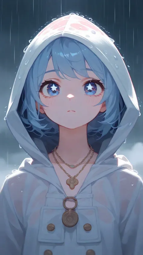 Fraction_9,Fraction_8_up,Fraction_7_up,masterpiece, 1 Girl， is the best quality,  high resolution ,  super detailed，Starry Eyes，close up，A pure girl in an unfitting strawberry hooded raincoat wears a moon necklace,Meniscus necklace ，  unfit rain boots，Over...