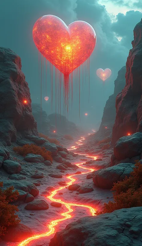  A vast expanse of Zyphorion covered with living stones that beat softly like hearts ,  its surfaces shine in crimson tones ,  turquoise and gold ,  synchronized with the electromagnetic field of the planet . Between the rocks ,  hang aerial roots of lumin...