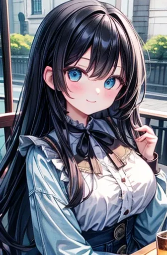 （ Hoang Lap ， Hi-Res， HYPER DETAILS ，），masterpiece， best quality， one girl  ，  is cool，  long black hair ， detailed face ，Black-haired、 Ruffle Blouse、cafe terrace，date、denim、Dimples、，Glory Sparkle 、Selfie， smiles lightly，（  Turquoise Eyes ）, big chest、 bla...