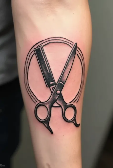 Razor and scissor combined tattoo design inside circle 