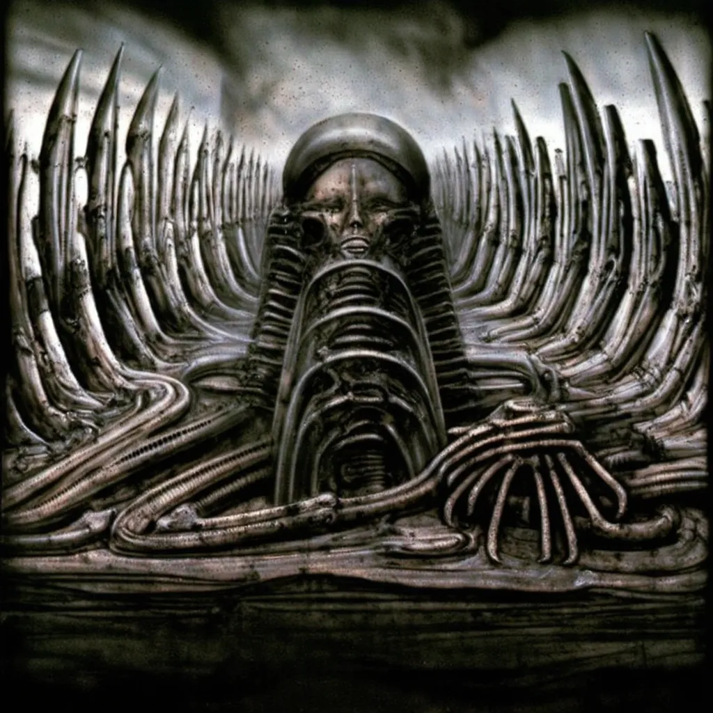 h. r. giger's g1g3r, , giger_style,  create biomechanical landscape by hans rudie giger composed of fossilized and mummified ali...