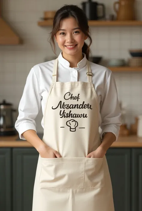 My name on an apron - Chéf Alexandra Yishawu . It should have a little chefs cap drawn on the apron around the name 