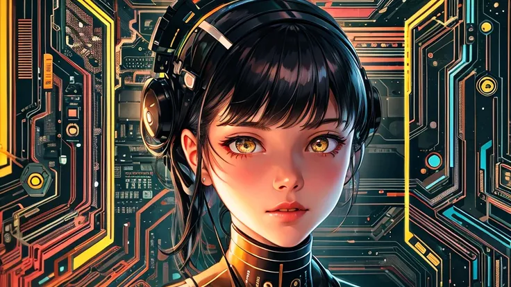 from future intelligence, technology background, complex mission, sudden mystery, unexpected result, unknown variables, strange data, confident look, space black pioneer dress, yellow eyes, black hair