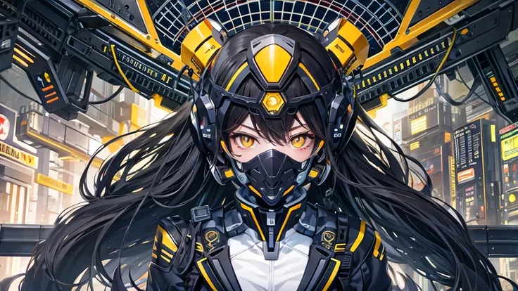 from future intelligence, technology background, complex mission, sudden mystery, unexpected result, unknown variables, strange data, confident look, space black pioneer dress, yellow eyes, black hair