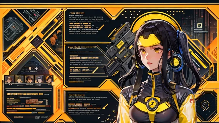 from future intelligence, technology background, complex mission, sudden mystery, unexpected result, unknown variables, strange data, confident look, space black pioneer dress, yellow eyes, black hair