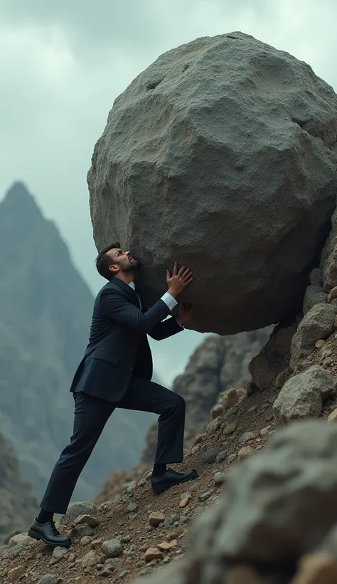 Create a highly realistic and detailed image of an entrepreneur struggling against overwhelming odds. The scene shows the entrepreneur, dressed in a slightly disheveled business suit, straining to push a massive boulder uphill. His face is contorted with e...