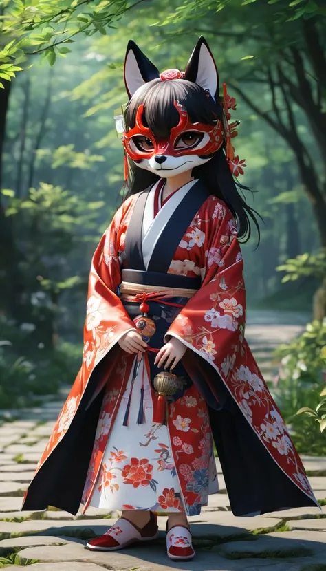  1 girl,Alone,,  Official Art,  Unified 8K Wallpaper , Super detailed, fair and aesthetic, fair, masterpiece,  best quality,, Devil the Fox , Fox Mask Template, Traditional Japanese Kimono,  Foxfire Spell,  Familiar Fox , conversion,