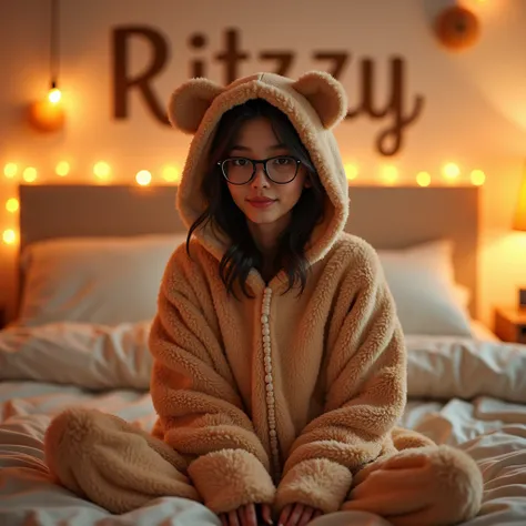 a cute 21 years old girl slim face wearing specs and teddy bear suit sitting on bed behind her on wall lightings and write big name" ritzzy"  in stylish fonts  looks like realistic ultra hd premium image 