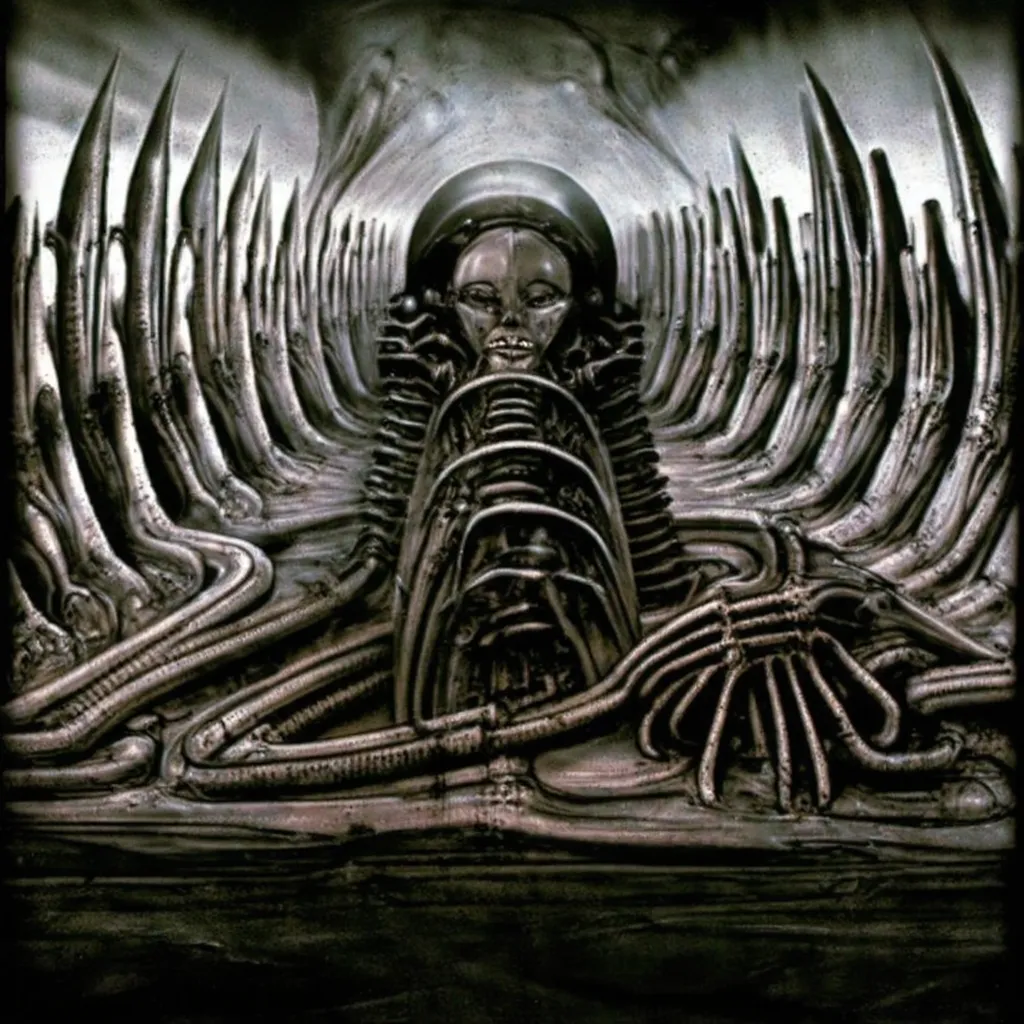 h. r. giger's g1g3r, , giger_style,  create biomechanical landscape by hans rudie giger composed of fossilized and mummified ali...